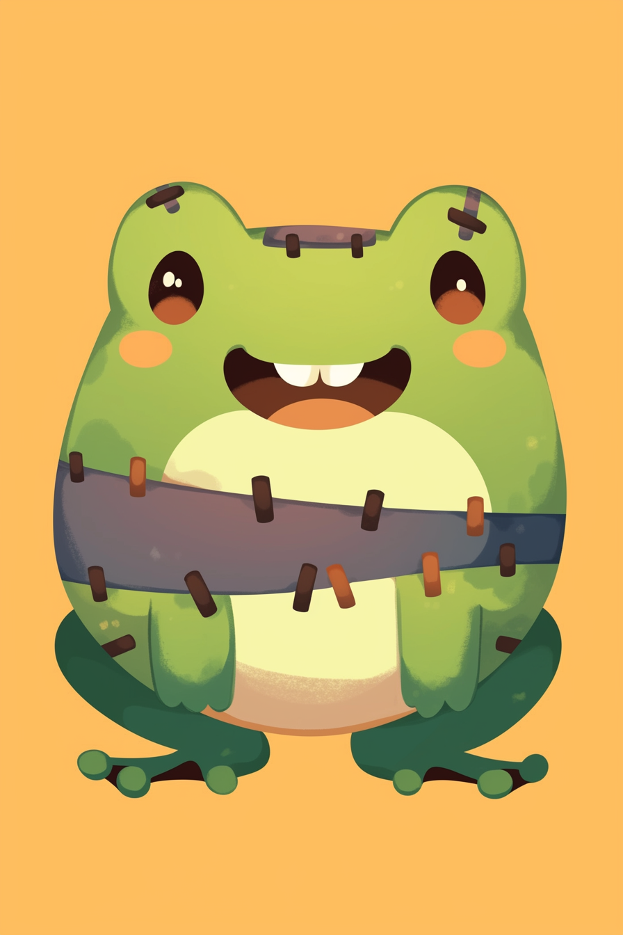 halloween frog drawing ideas 2 featuring a cute Frankenstein-style frog with stitches and bright eyes, set against an orange background. Perfect for Halloween-themed art creations.